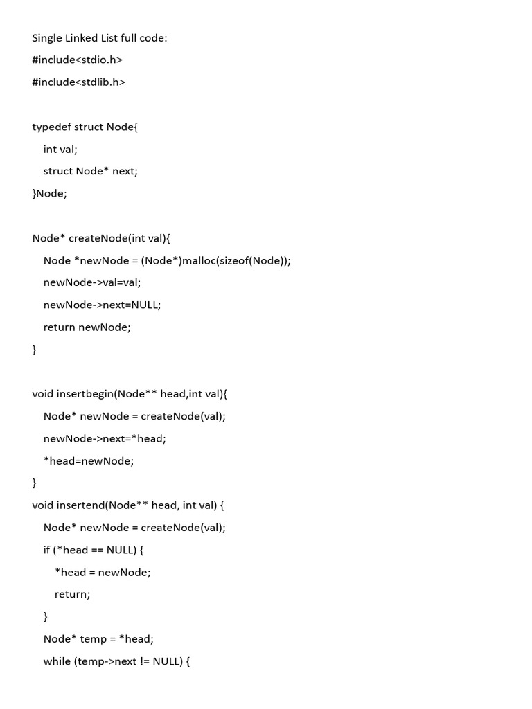 Single Linked List Implementation in C | PDF | Computer Programming ...
