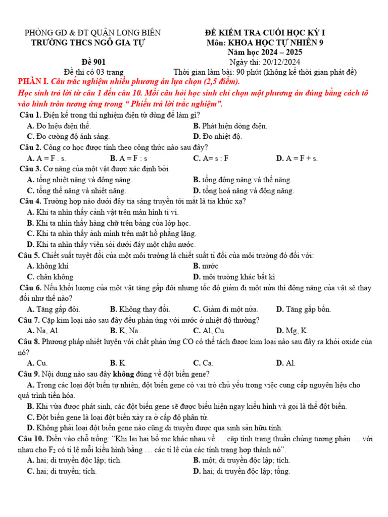 De Cuoi Hoc Ky 1 KHTN 9 Nam 2024 2025 Truong Thcs Ngo Gia Tu Ha Noi | PDF