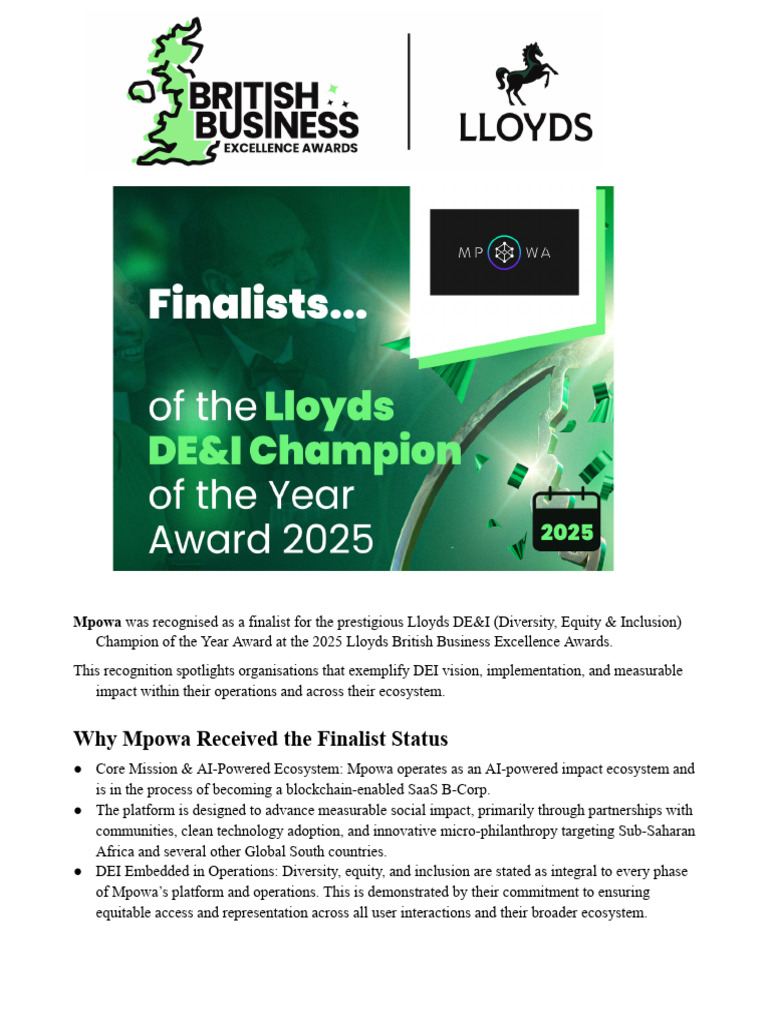 Mpowa is the Lloyds DE&I Finalist 2025 | PDF | Sustainability | Innovation