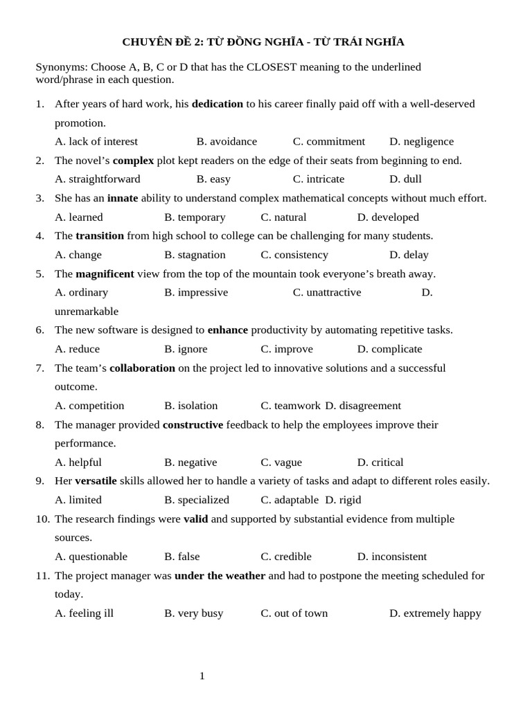Synonyms and Antonyms Practice Quiz | PDF