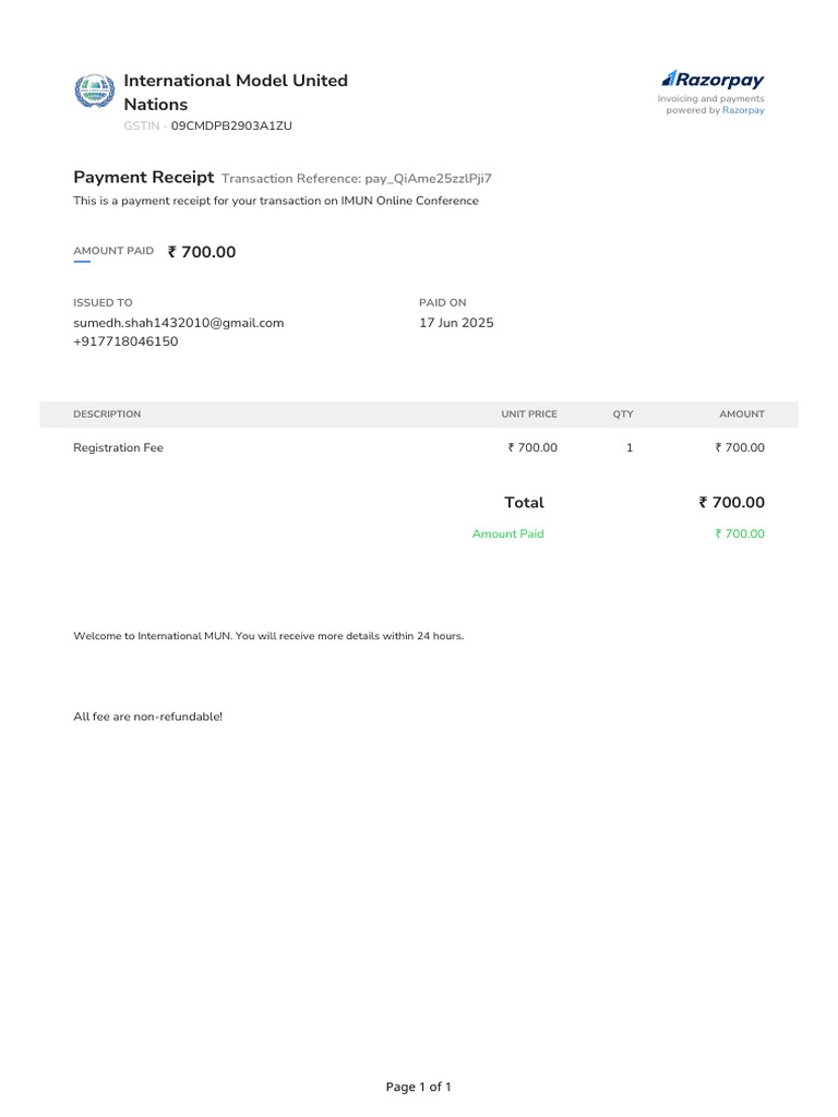 IMUN Online Conference Payment Receipt | PDF