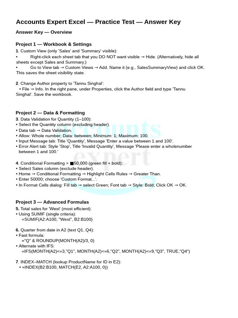Excel Accounts Expert Practice Test Key | PDF | Computing