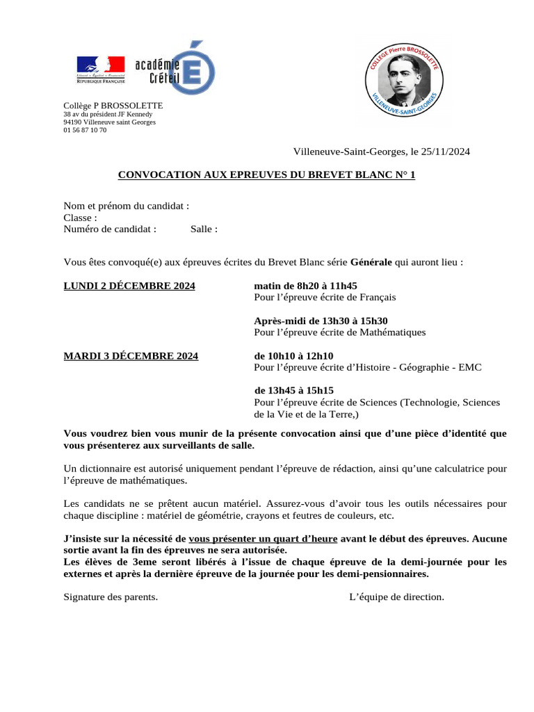 Convocation Brevet Blanc 2024 - Collège P Brossolette | PDF