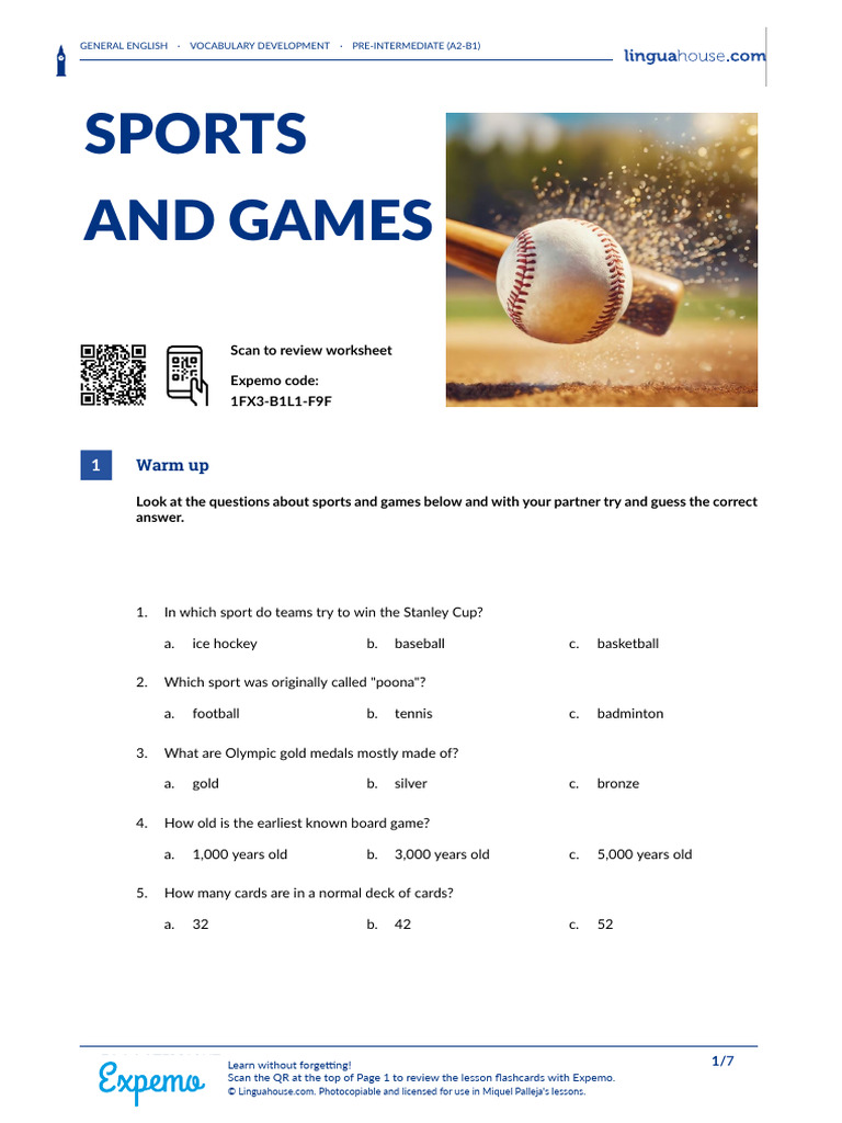 Pre-Intermediate Vocabulary: Sports & Games | PDF | Vocabulary