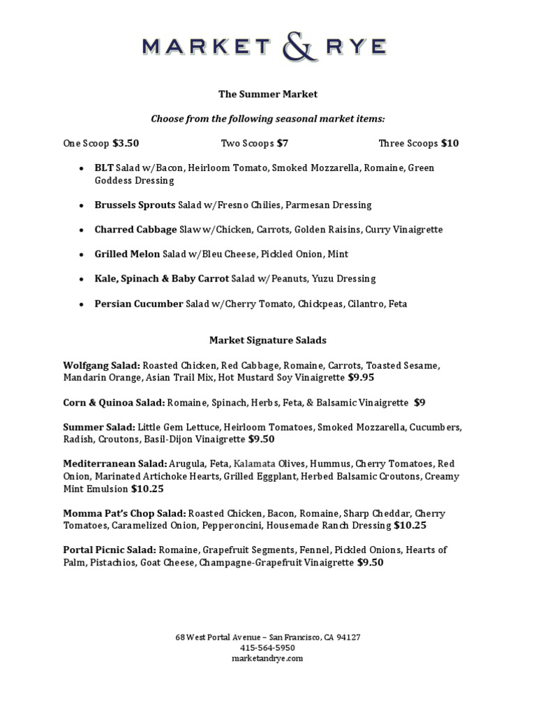 MarketRye WestPortalmenu | PDF | Cooking, Food & Wine