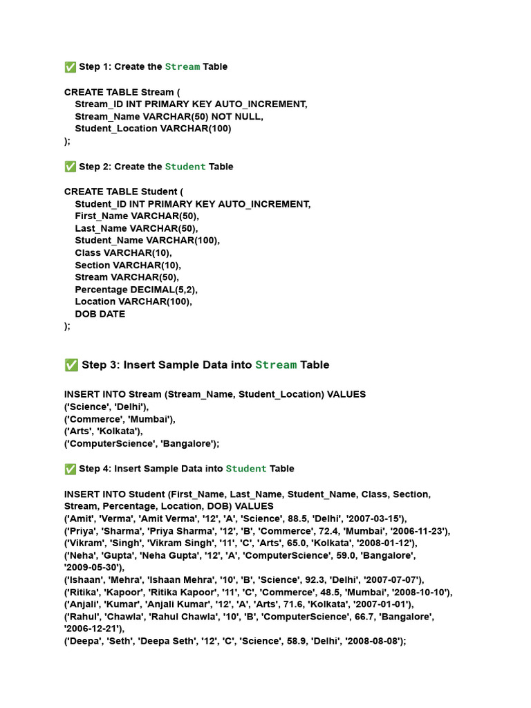 SQL Tables and Queries for Students | PDF