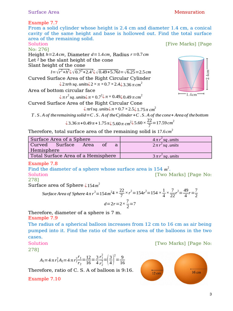 Surface Area Calculations in Mensuration | PDF | Sphere | Area