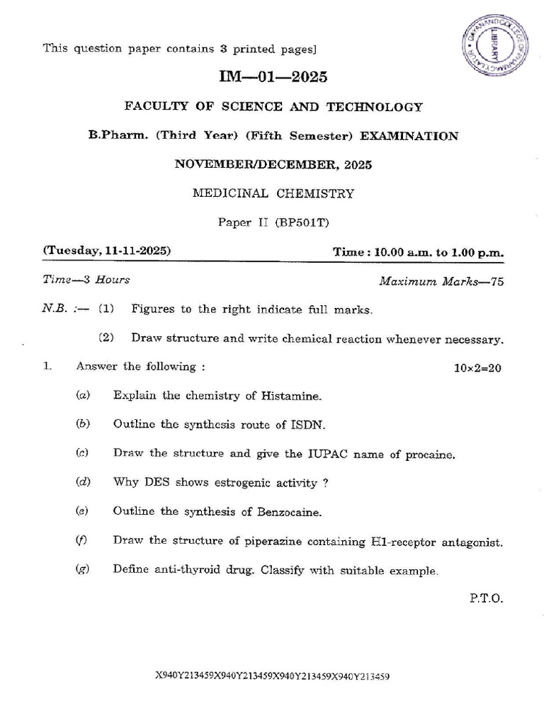b.pharm- 3 Rd Year (5 Th Sem)- Nov-Dec - 2025_watermark | PDF