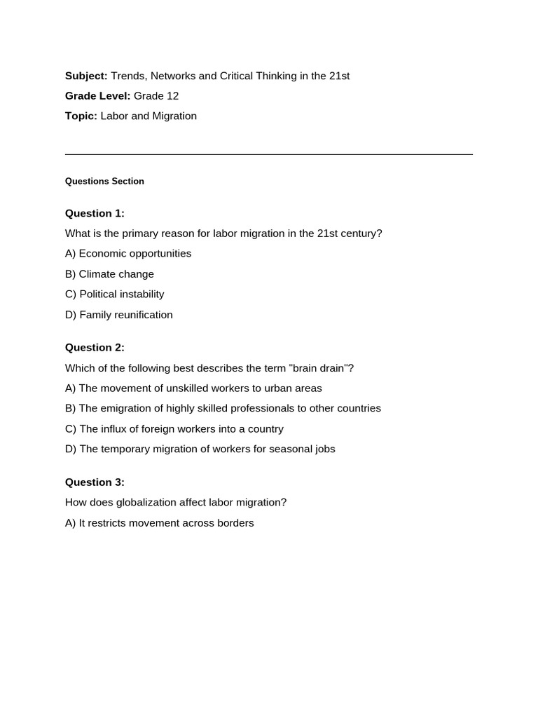 Quiz Labor and Migration | PDF | Human Migration | Migrant Worker