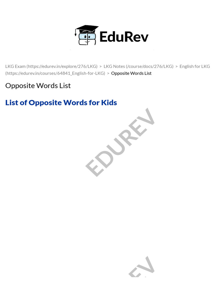 Opposite Words List for LKG Kids | PDF
