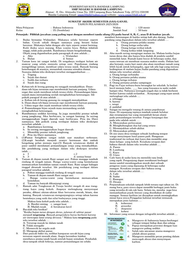 Soal Bahasa Indonesia Kelas IX SMP 2025/2026 | PDF