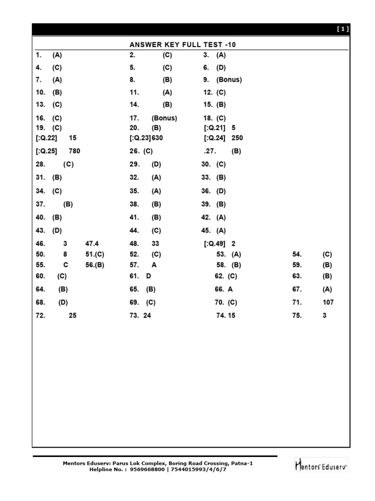 Answer Key for Full Test 10 | PDF