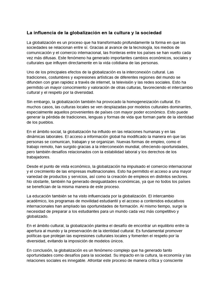 Impacto de la Globalización en Cultura y Sociedad | PDF | Globalización ...
