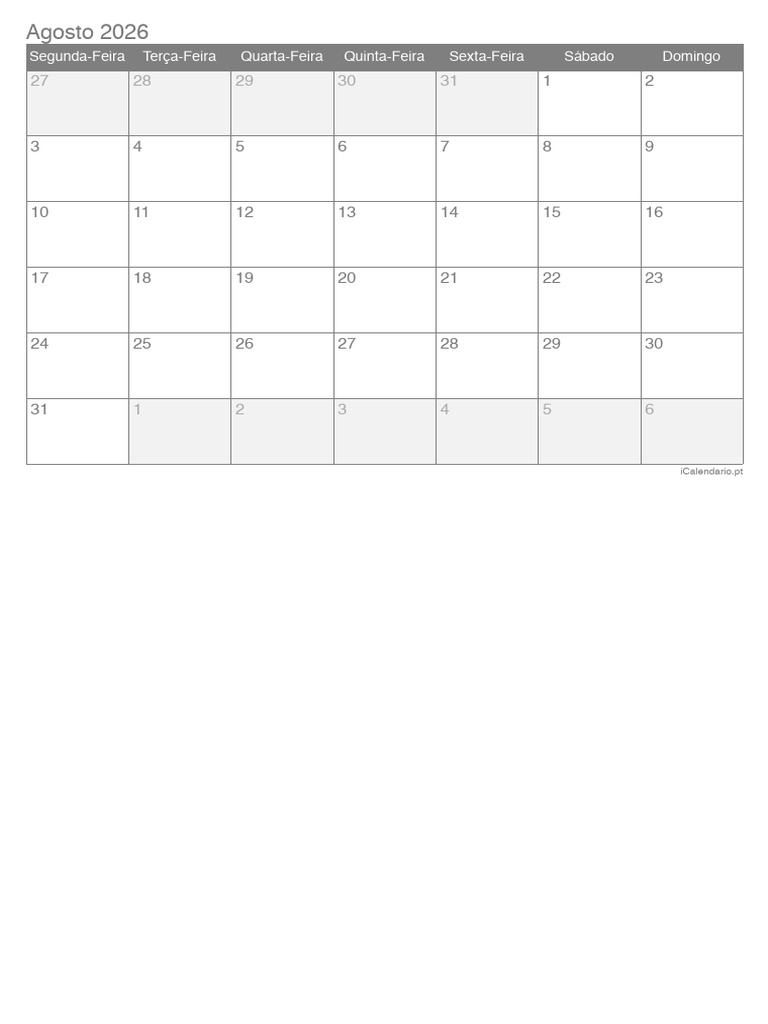 Calendário de Agosto de 2026 | PDF