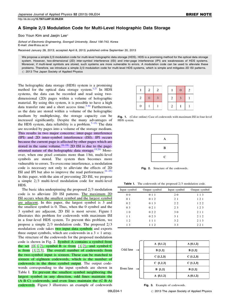 2/3 Modulation Code for Holographic Storage | PDF | Data Transmission ...