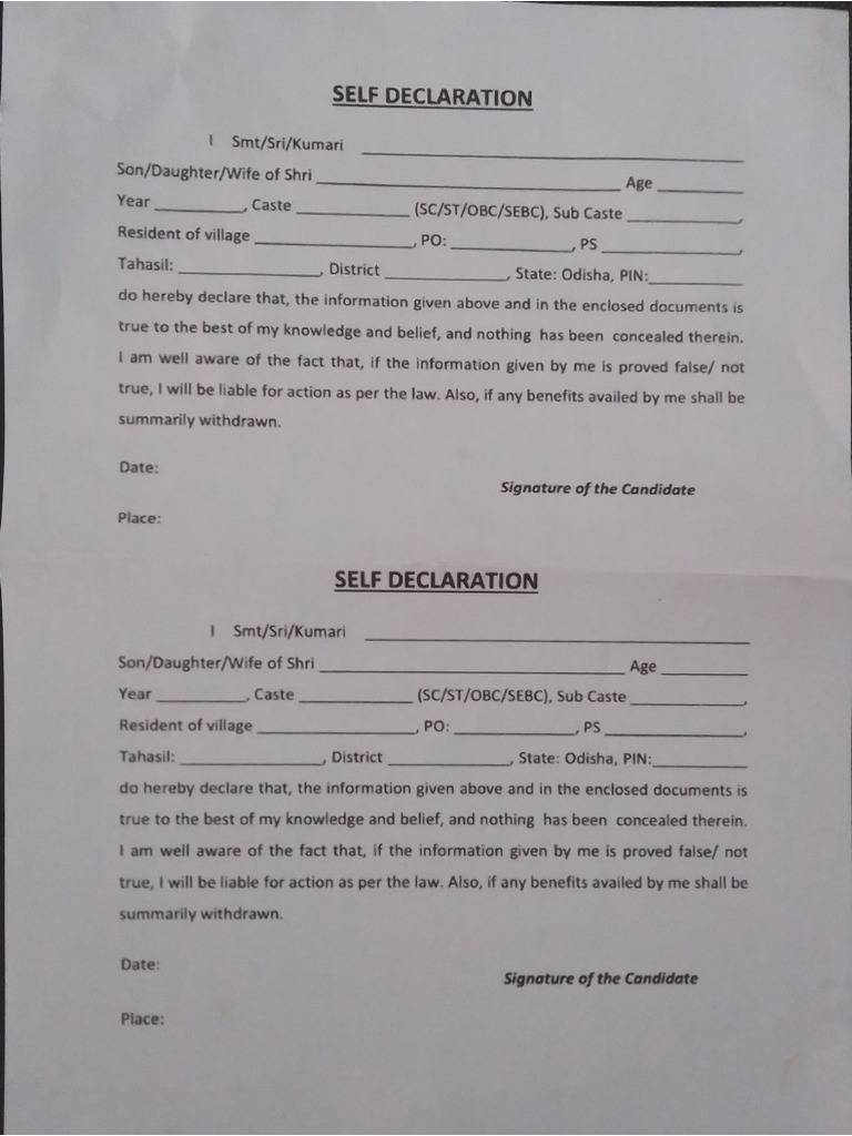 Self Declaration Form Resident Cirtificate | PDF