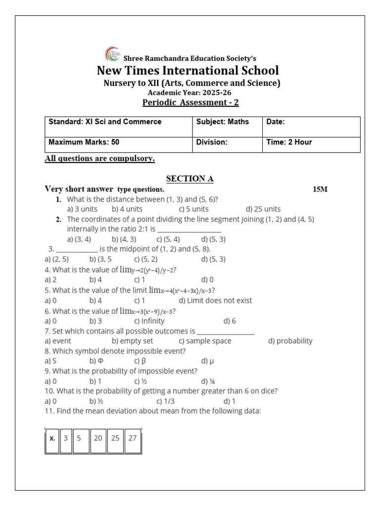 Maths Assessment XI Sci & Commerce 2025-26 | PDF | Standard Deviation ...
