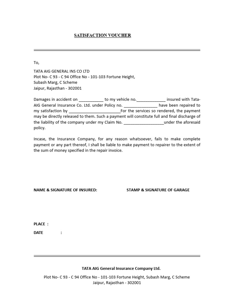Satisfaction Voucher for Vehicle Repairs | PDF