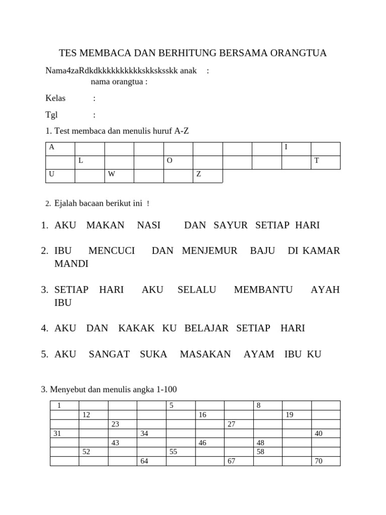 Tes Membaca dan Menghitung Anak | PDF