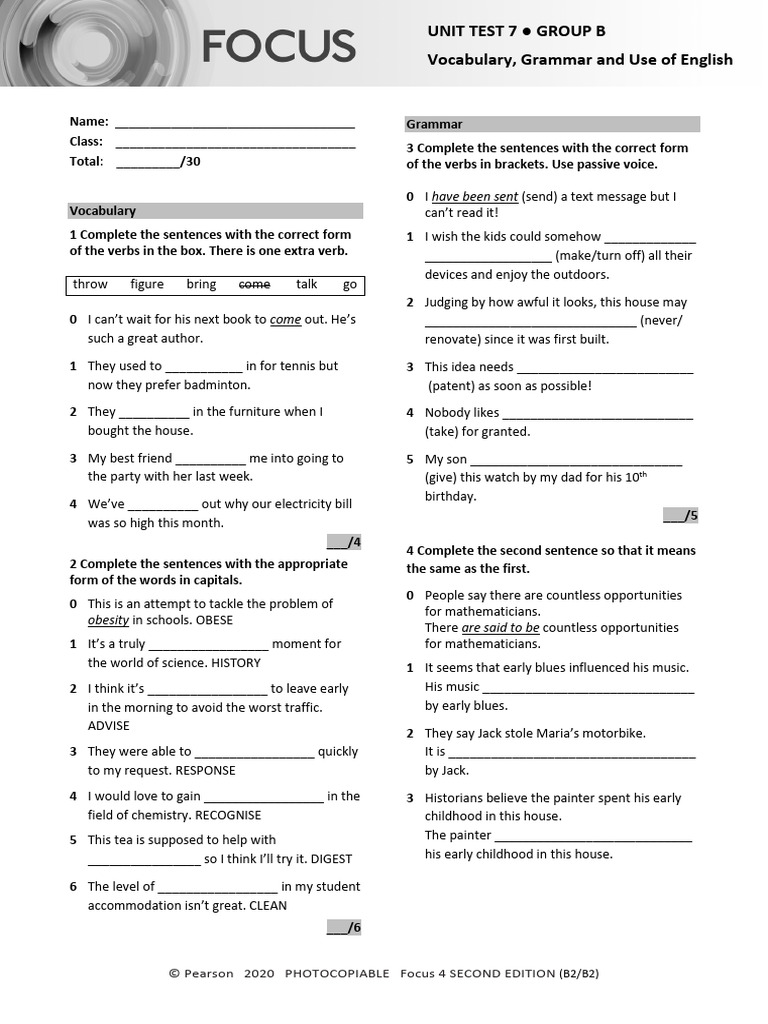 Focus 4 Unit Test 7: Vocabulary & Grammar | PDF | Planets | Stars