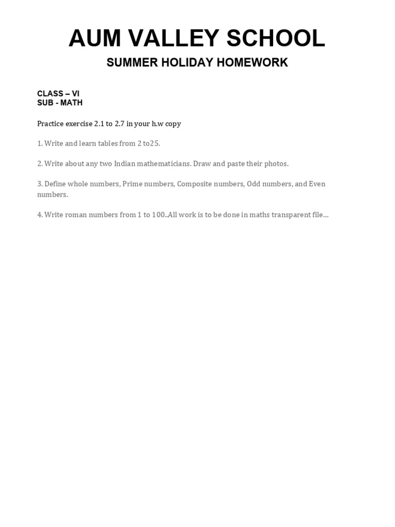Class VI Math Summer Homework Guide | PDF