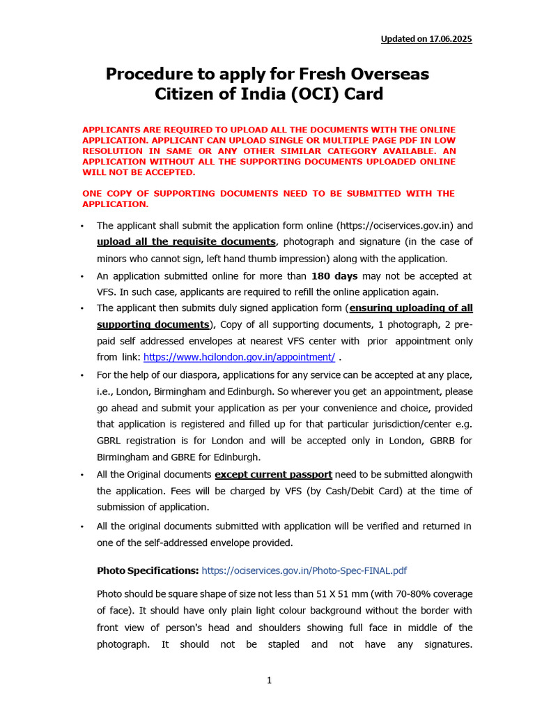 OCI Card Application Procedure Guide | PDF | Birth Certificate ...