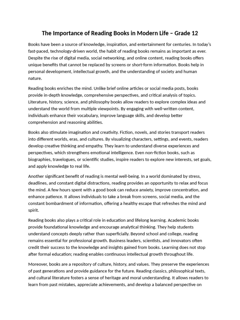 The Importance of Reading Books in Modern Life – Grade 12 | PDF | Mind ...