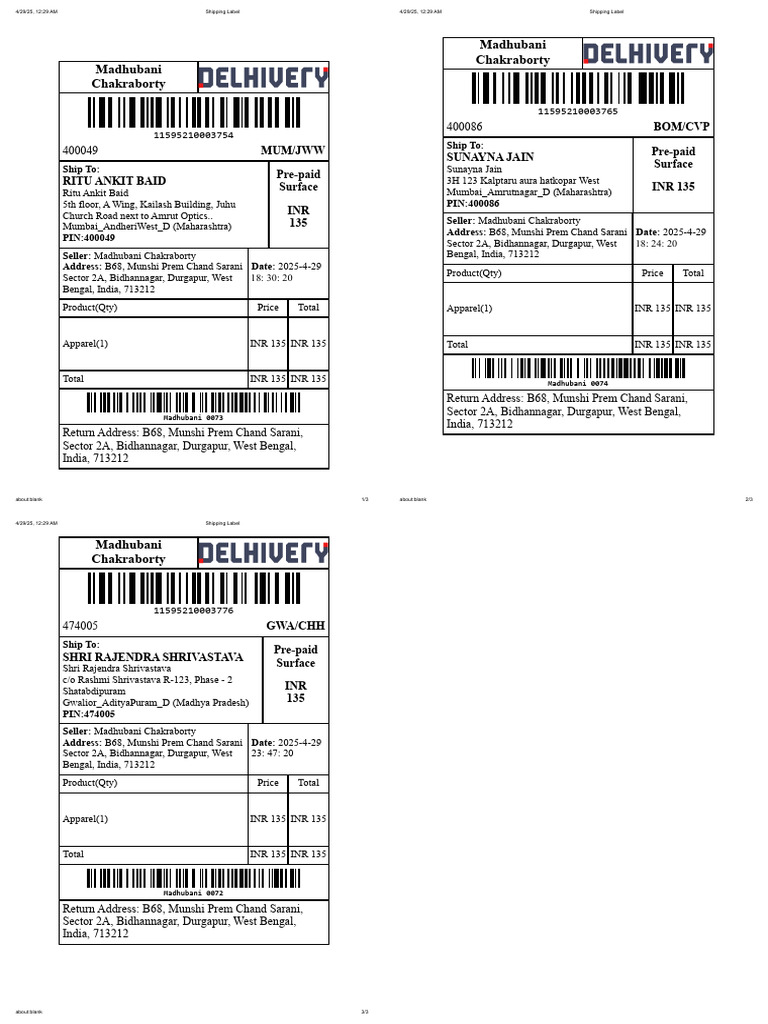 Madhubani Apparel Shipping Details | PDF