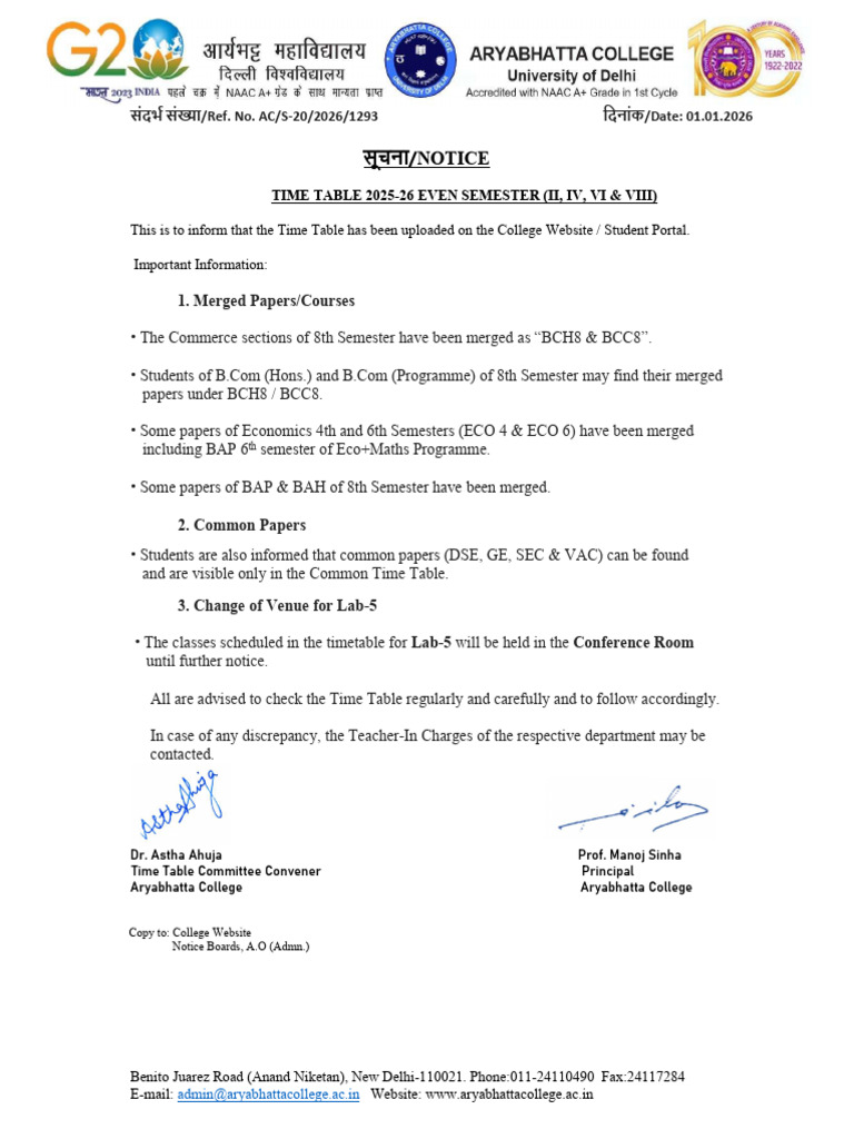 Notice - Time Table 2025-26 Even Semester (II, IV, Vi & Viii) - 2 | PDF