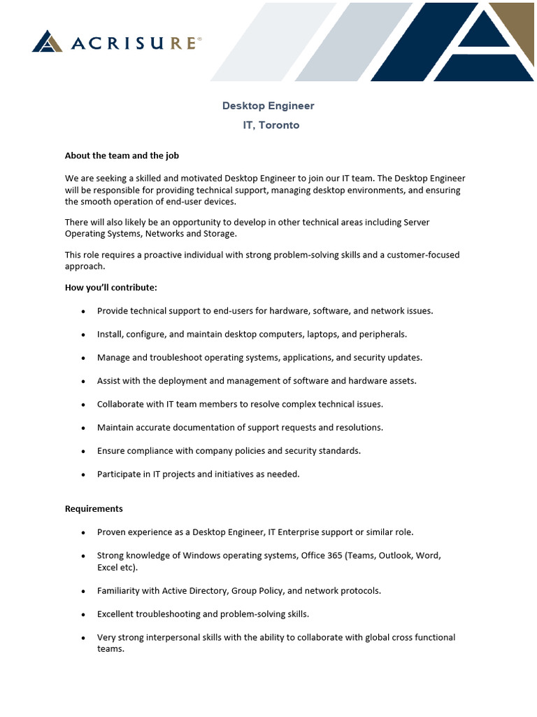 Desktop Engineer JD | PDF | Desktop Computer | Computing