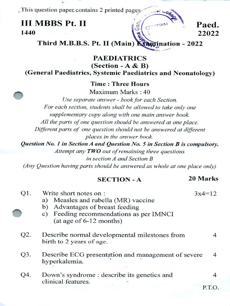 IIIrd MBBS Part II Main 2022 Paediatrics | PDF