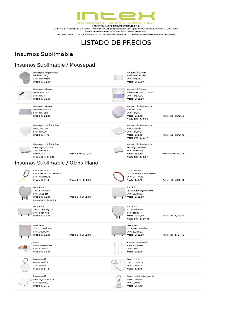 Precios de Insumos y Productos Sublimables | PDF | Color | Percepción ...