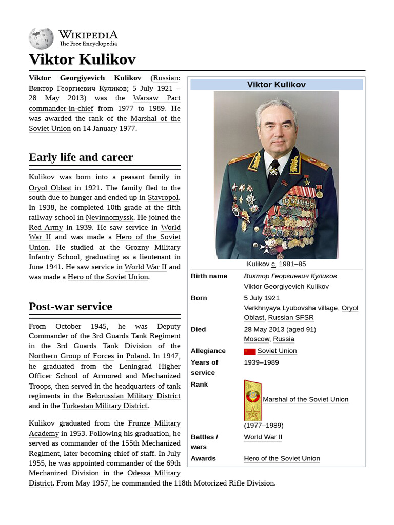 Viktor Kulikov | PDF | Soviet Union | World Politics