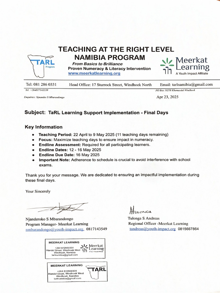 TaRL Implementation Schedule Letter- Term1 | PDF