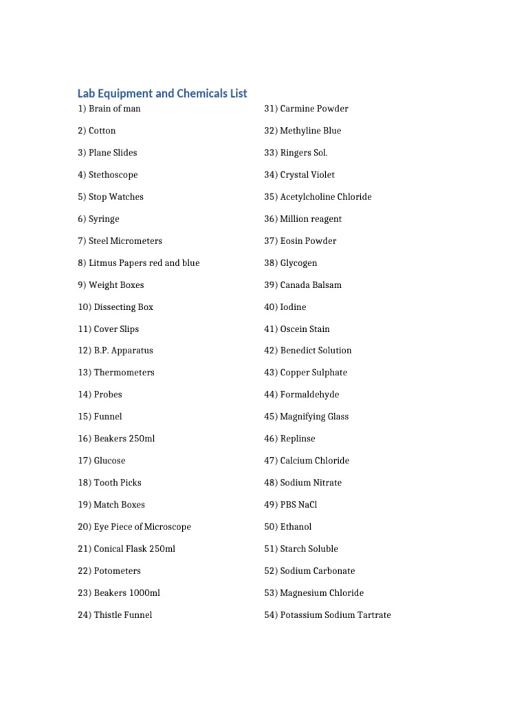 Essential Lab Equipment and Chemicals List | PDF