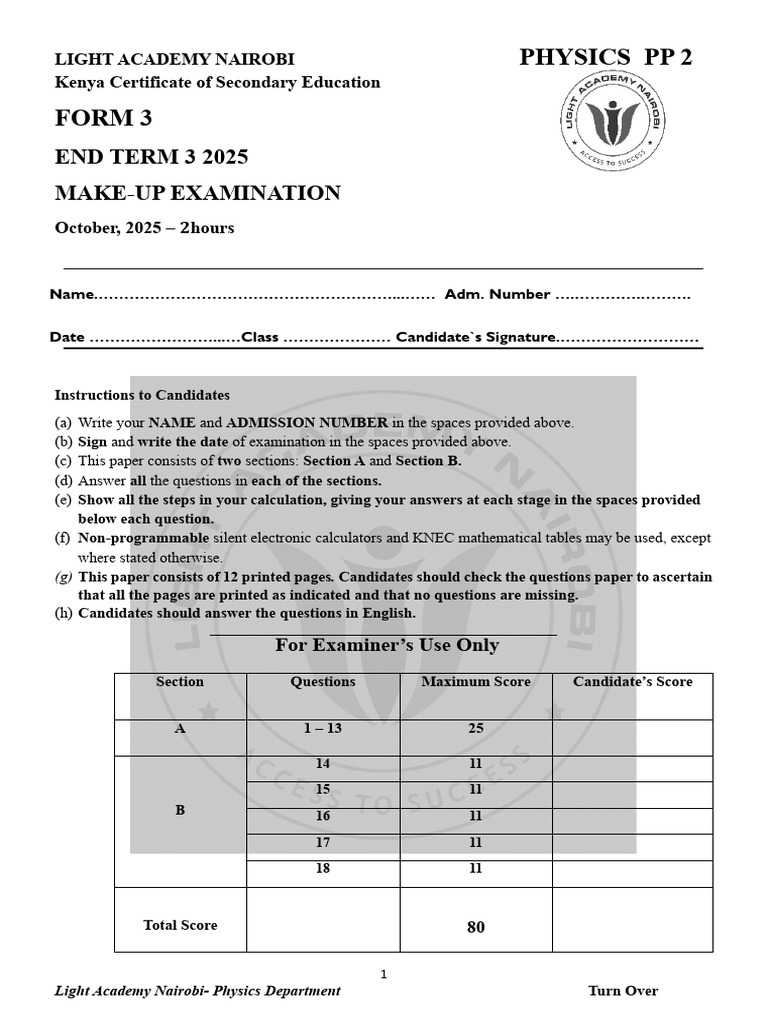 Light Academy Nairobi Physics Exam 2025 | PDF | Capacitor | Moon