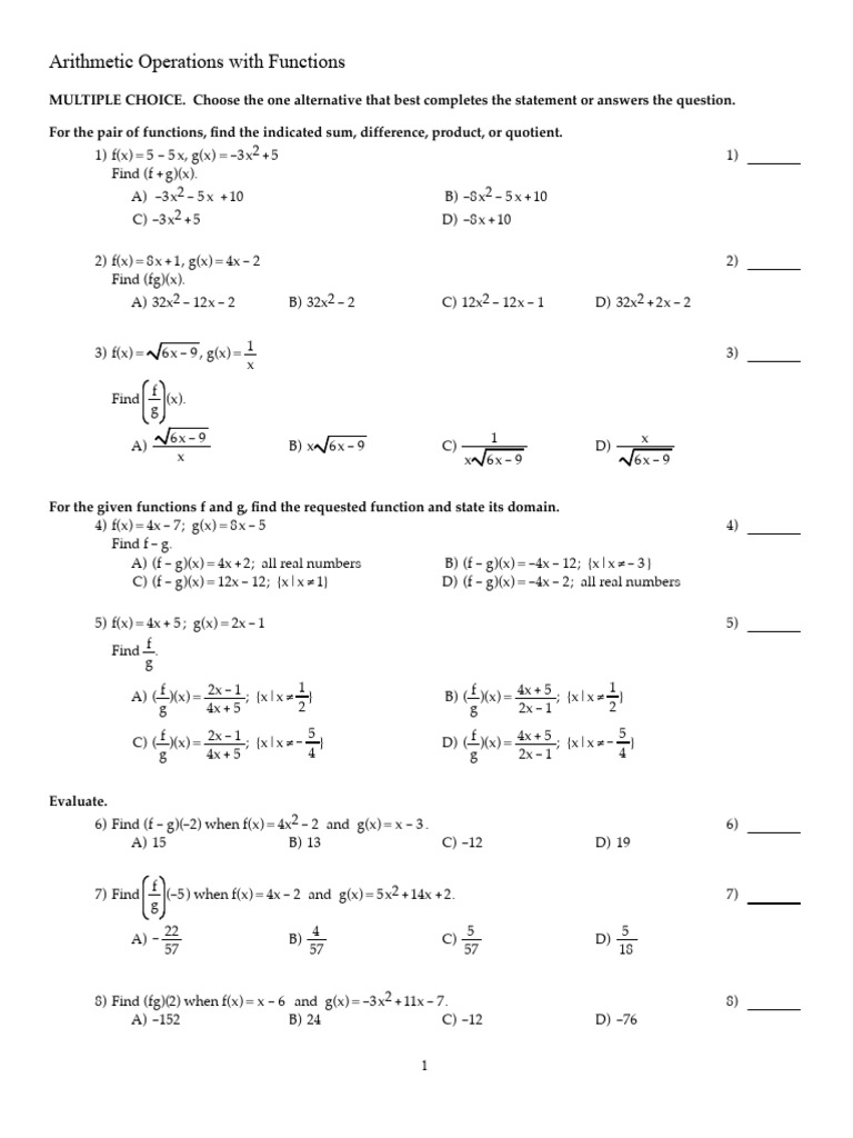 Arithmetic Operations on Functions Quiz | PDF | Mathematics | Number Theory