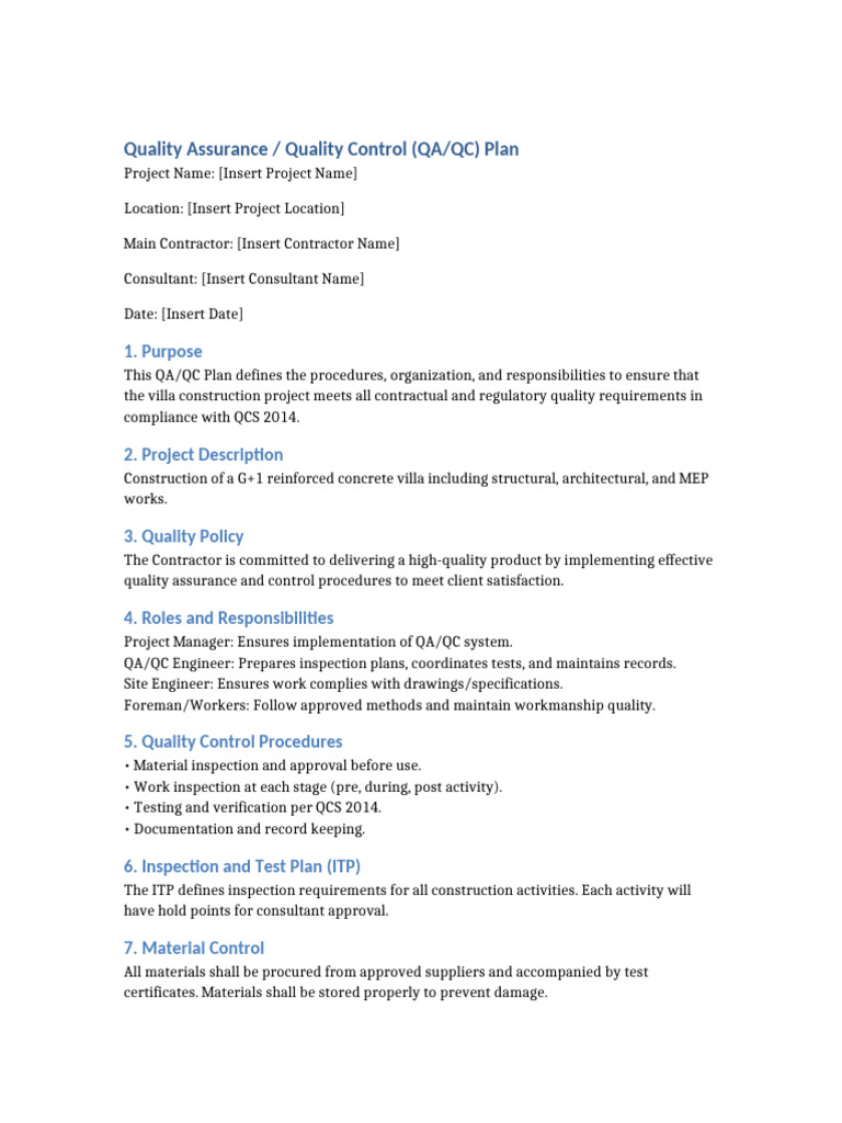 QA/QC Plan for Villa Construction Project | PDF