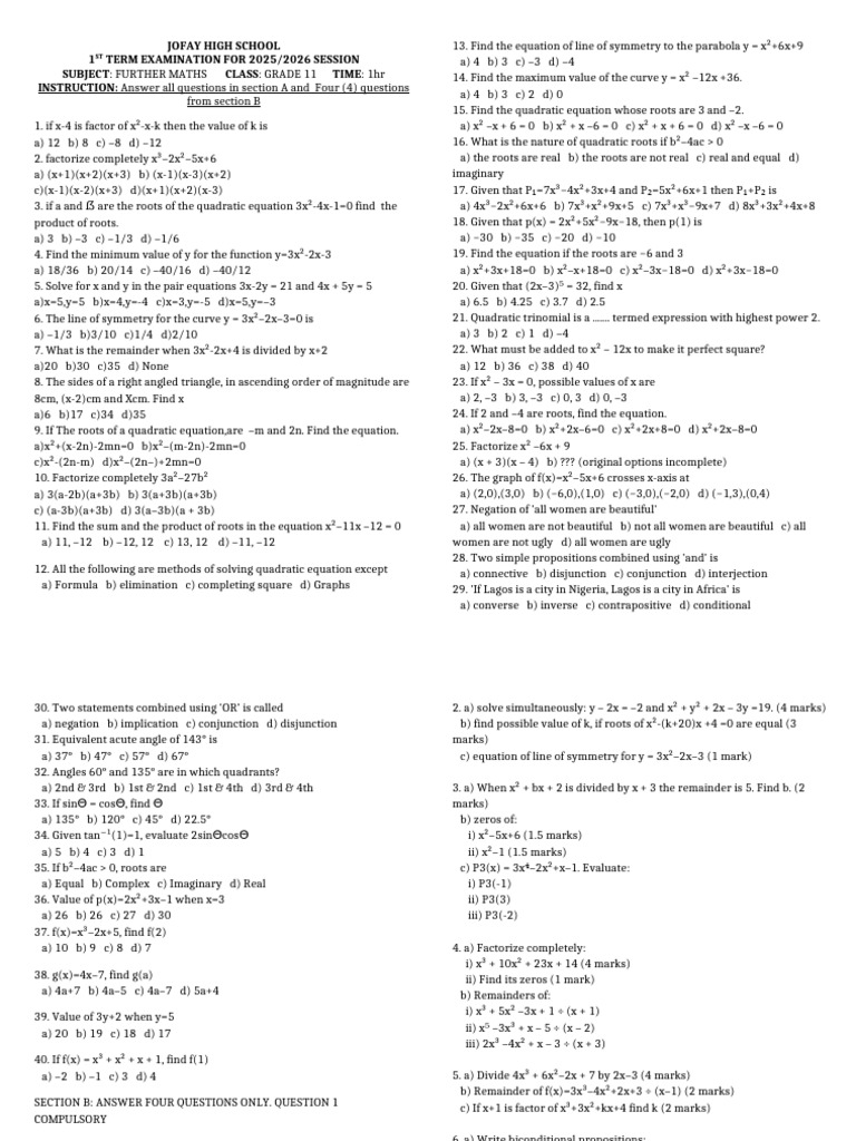 Jofay High School Further Maths Exam 2025 | PDF | Quadratic Equation ...