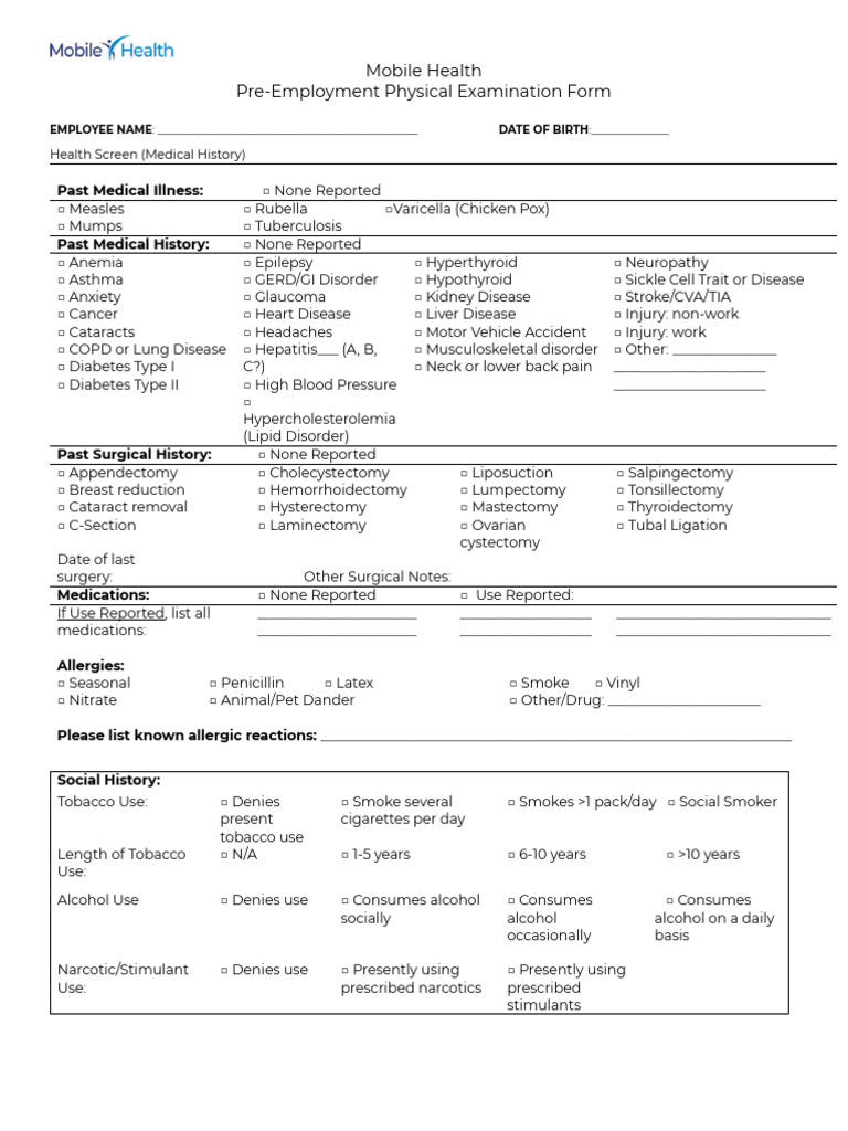 Mobile Health Pre-Employment Exam Form | PDF | Tuberculosis | Human ...