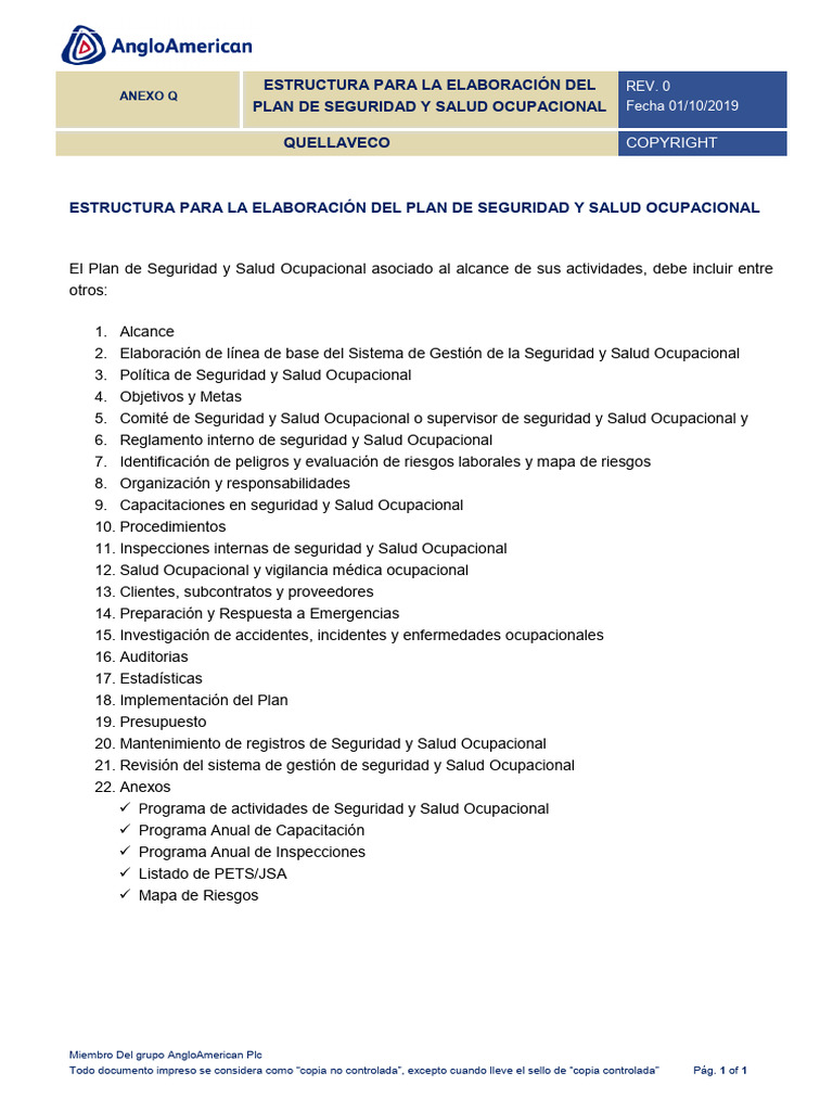 Anexo Q - Estructura Del Plan de Seguridad y Salud Ocupacional Rev. 0 | PDF
