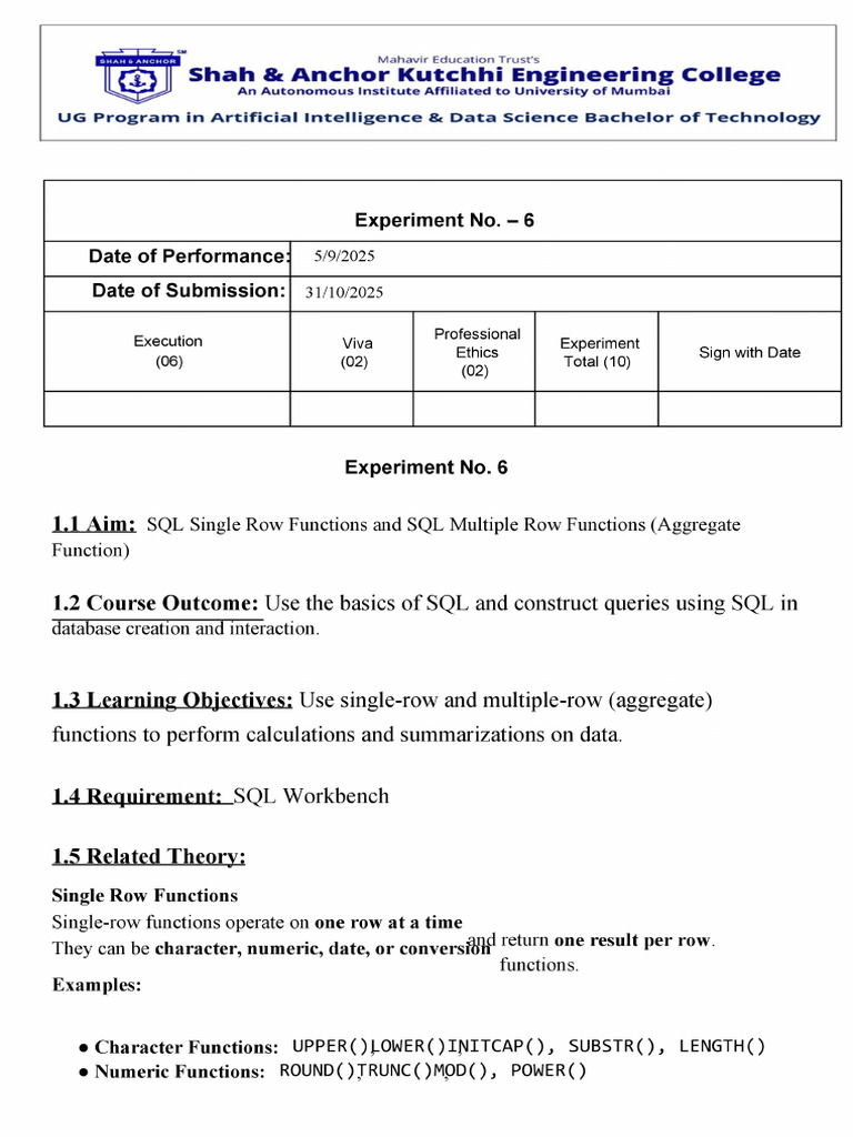 Dbms Exp6 Syaids Roll No-31 | PDF
