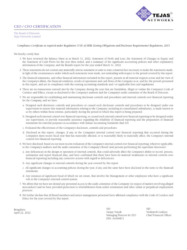 Ceo and Cfo Certificate 2021 22 | PDF | Internal Control | Audit