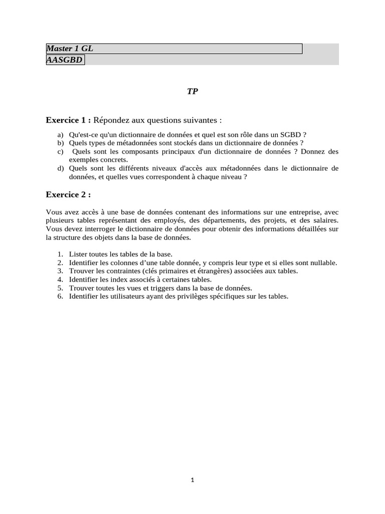 Dictionnaire de données en SGBD : Guide TP | PDF