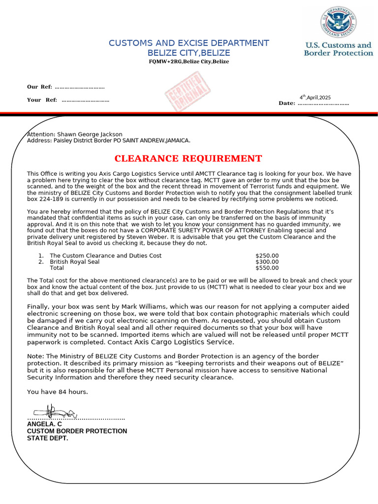 Belize Customs Clearance Notification | PDF | Customs | National Security
