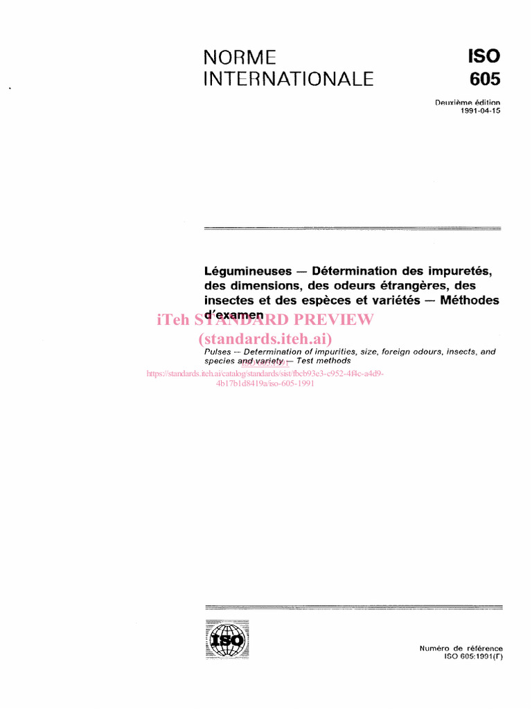 ISO 605:1991 - Méthodes d'examen des légumineuses | PDF | Organisation ...