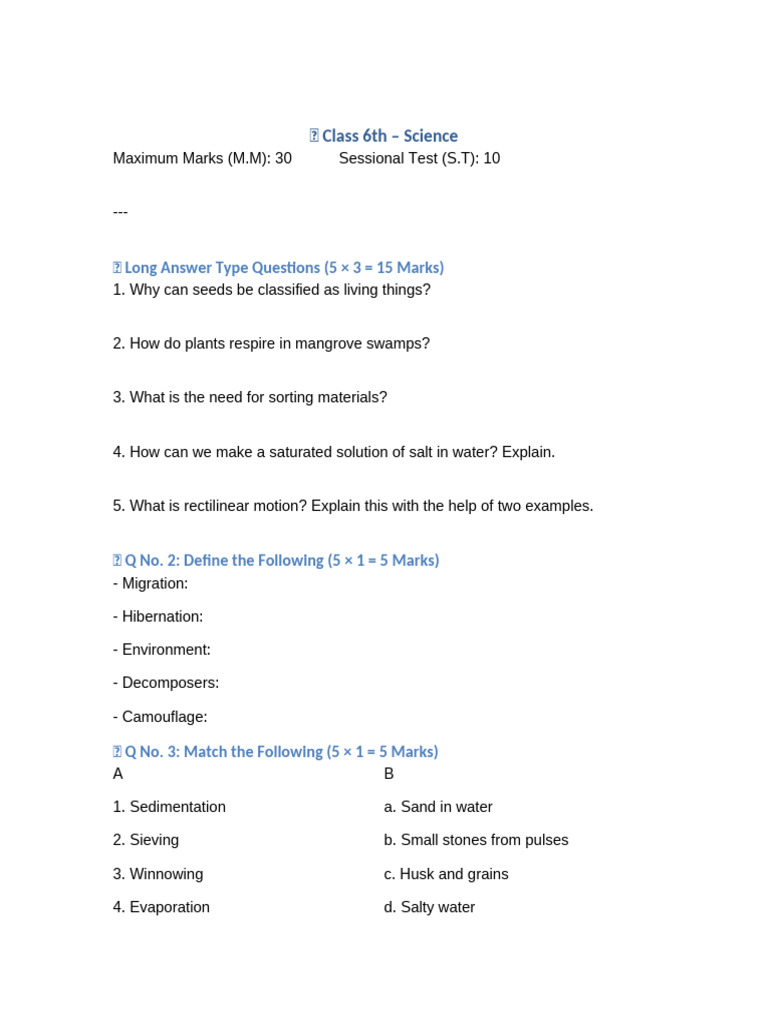 Class 6 Science Sessional Test Guide | PDF