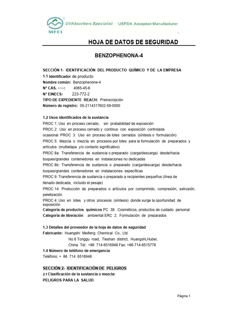 Hoja de Seguridad de Benzophenone-4 | PDF | Agua | Toxicidad