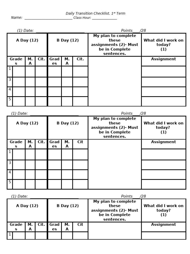 Daily Transition Checklist Template | PDF
