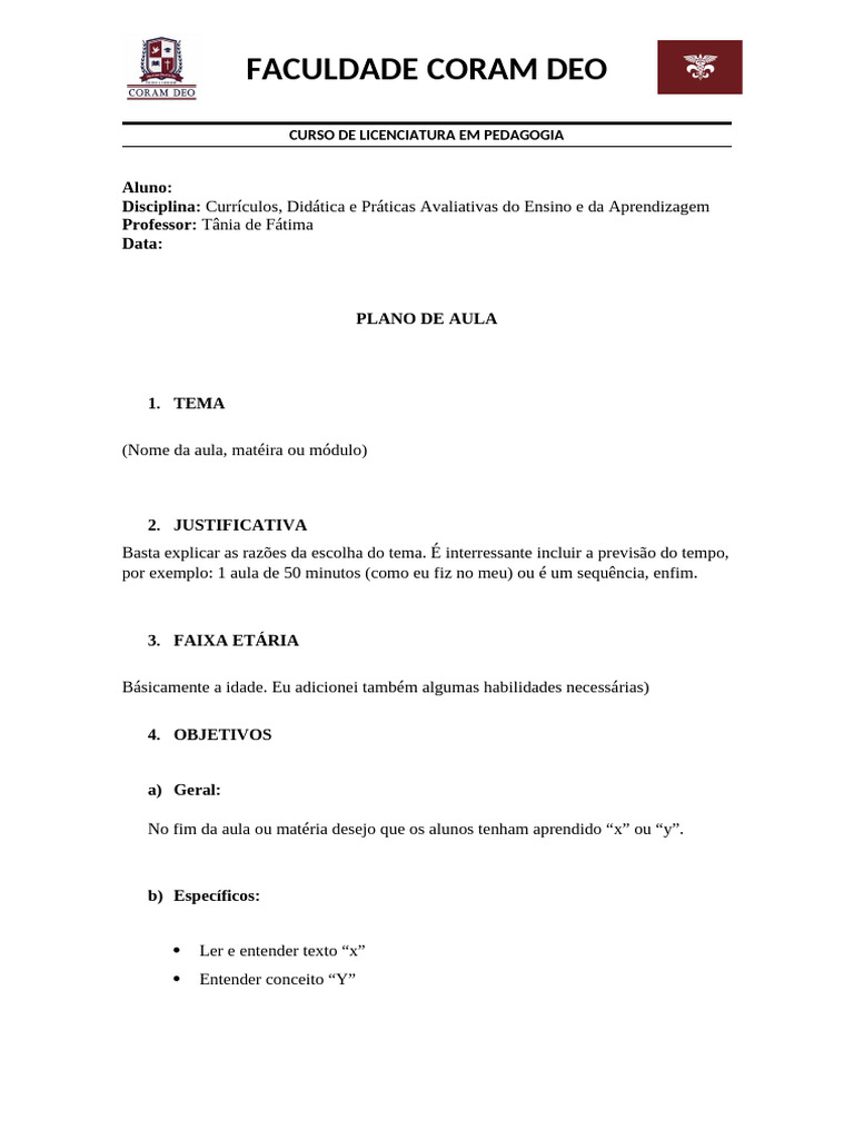 Plano de Aula para Licenciatura em Pedagogia | PDF
